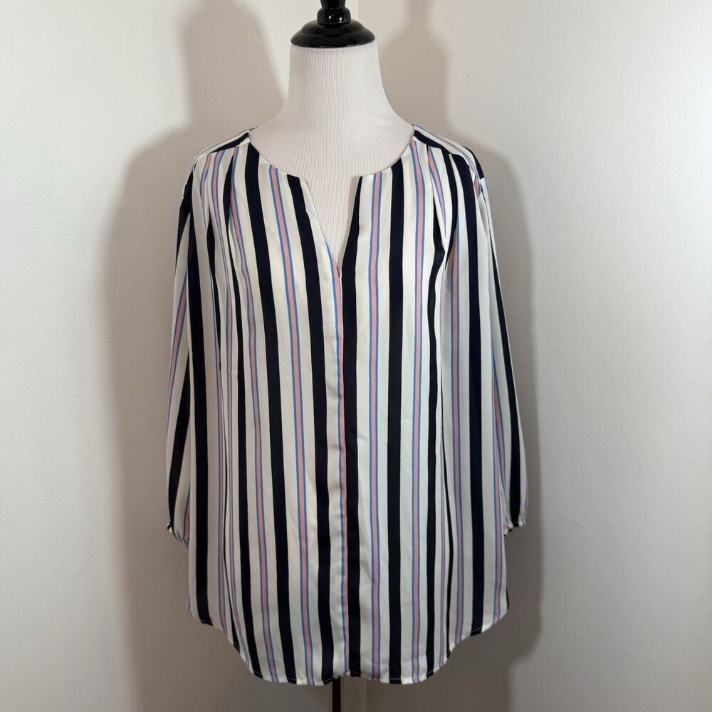 Pleione Womens Blouse Top Sz XL Pink White Stripe 3/4 Sleeve